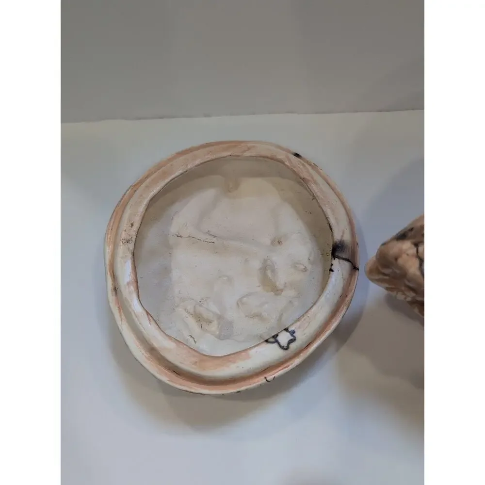 Vtg Art Pottery Horsehair‎ Bowl Log W/ Gray Wolves On Lid Signed 8 Inch